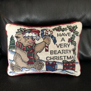 Christmas Accent Pillow Bear Tapestry 12”x8” “Have A Very Bearry Christmas”